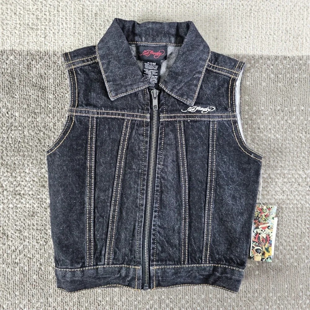 Ed‎ Hardy Grunge Dog Skull Butterfly Black Denim Vest Boys Size 24 Months